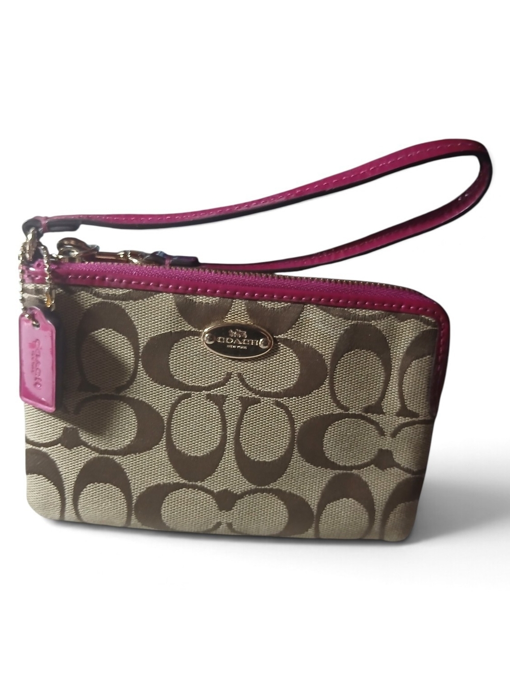 Coach Khaki Signature Canvas Wristlet with Pink Trim